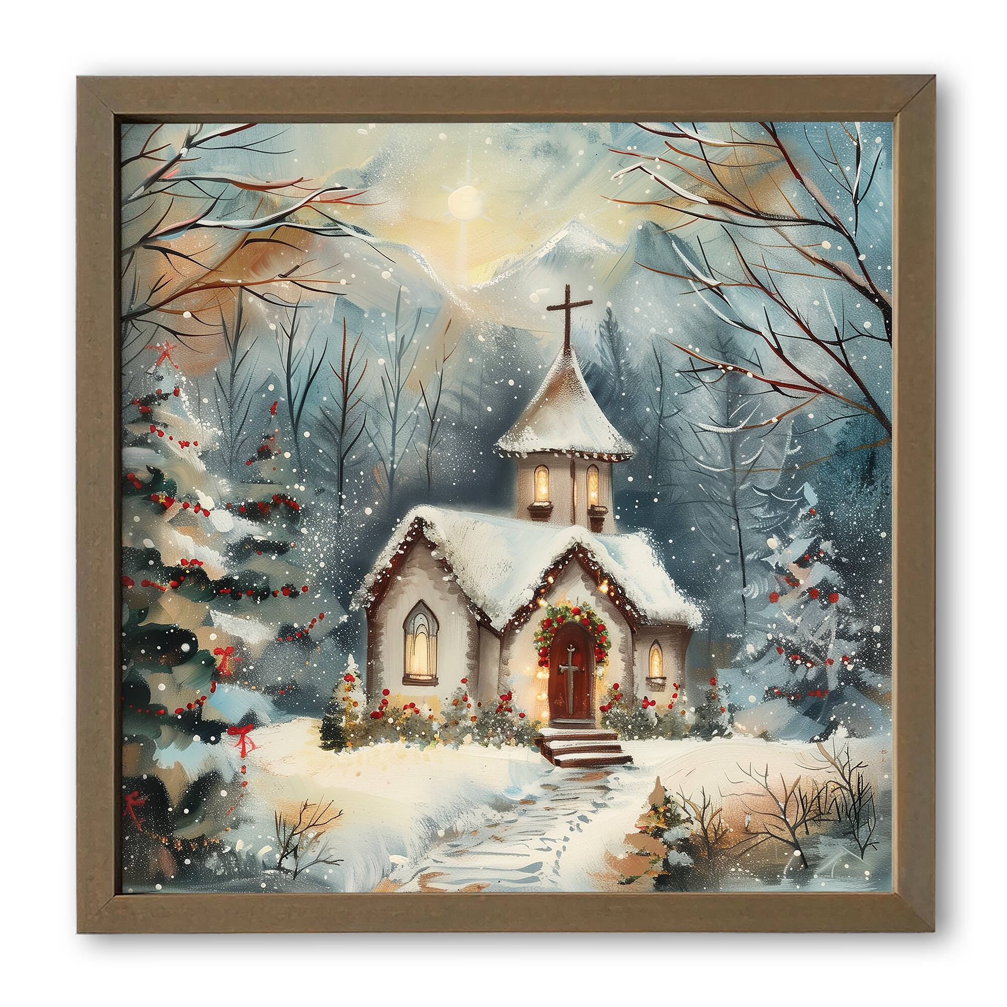 Snowy Holiday Church 16" x 16" Brown Framed Print